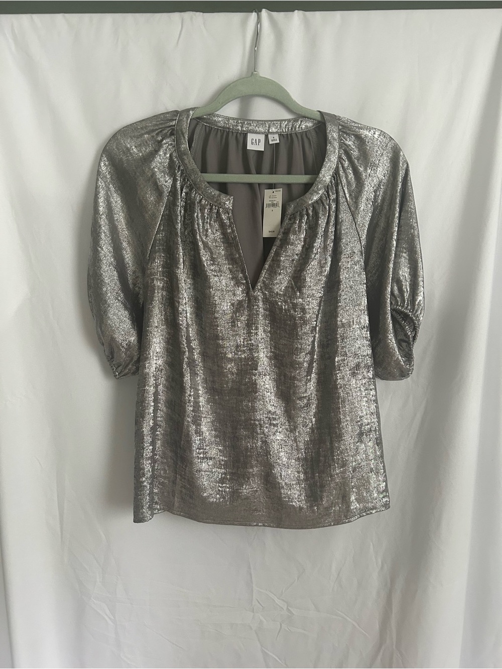GAP Silver Metallic Puff Sleeve Blouse